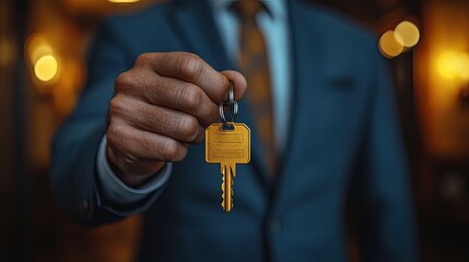 Businessman holding a golden key in a luxurious hotel lobby, symbolizing access and opportunity
