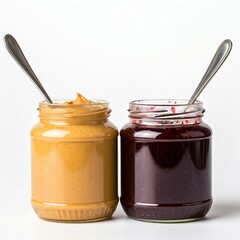 peanut butter and jelly jars with spoons on white background