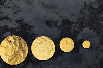 Four Gold Circles of Different Sizes Arranged on a Textured Dark Background for Decoration