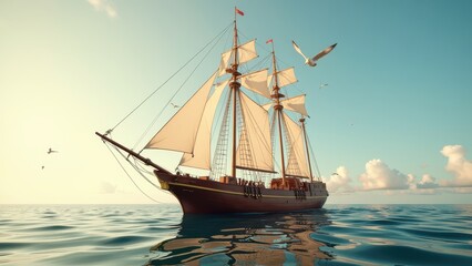 A majestic sailing ship glides through azure waves, its three towering masts unfurling pristine white sails. A vibrant red flag flutters proudly, capturing the essence of adventure on the open sea