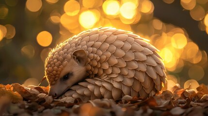Obraz premium Pangolin curled on autumn leaves, backlit by golden sunlight bokeh.
