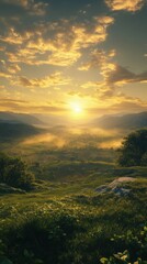 Obraz premium Sunrise over misty valley, scenic landscape, peaceful morning, travel poster