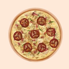 Hand drawn illustration of pizza with paprika,pepperoni and cheese suitable for food poster design