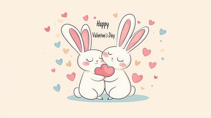 Fototapeta premium Congratulations to two rabbits on a happy Valentine's Day