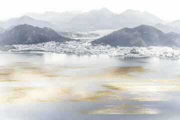 Obraz premium Serene Coastal City Nestled Amidst Misty Mountains with a Touch of Gold Abstract