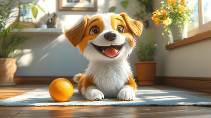 A cheerful cartoon dog playing with a ball on the house floor, cute and playful style, vibrant colors, joyful atmosphere, simple background, cartoon art style, wholesome scene