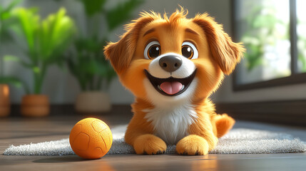 A cheerful cartoon dog playing with a ball on the house floor, cute and playful style, vibrant colors, joyful atmosphere, simple background, cartoon art style, wholesome scene