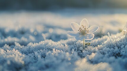 A single delicate flower blooming amidst a frost-covered field, symbolizing renewal and growth for the new year. The number '2025' appears gently 