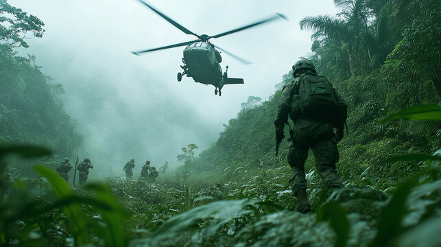 Jungle Extraction: A tense moment of military action unfolds as a group of soldiers navigate dense jungle terrain, a helicopter hovering overhead in a dramatic scene of extraction.