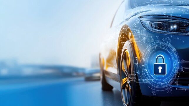 A futuristic car with a digital lock symbol, symbolizing advanced security features and technology in automotive design.
