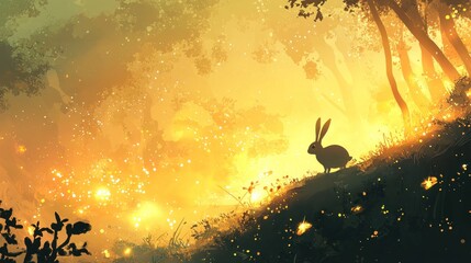 Silhouette of rabbit in magical, glowing forest.