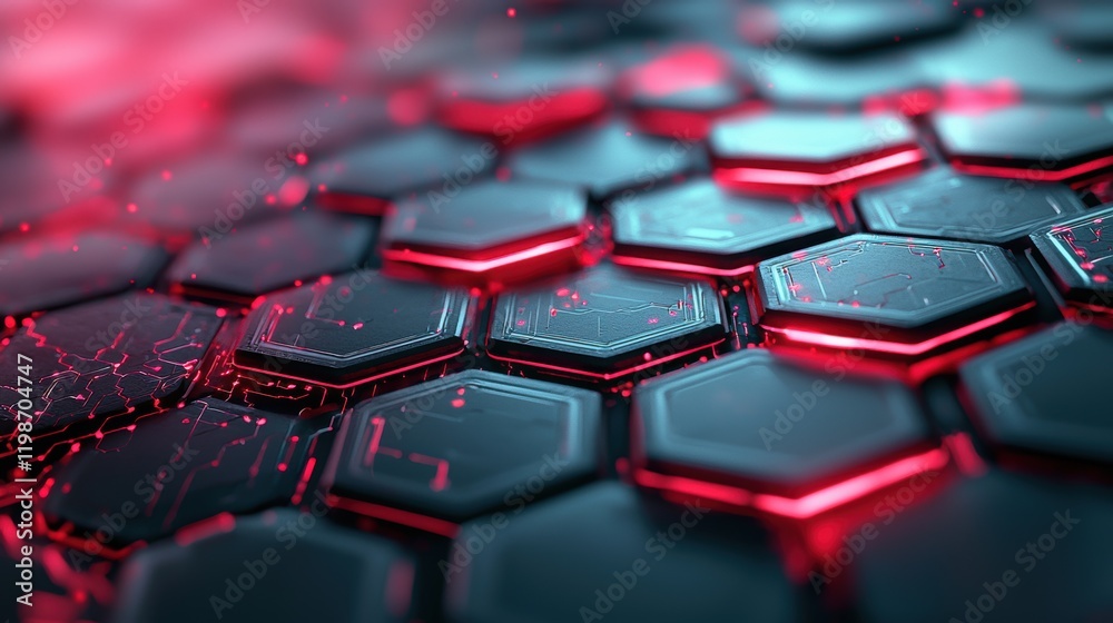 Poster hexagon shapes: a holographic interface with hexagonal icons and data displays, representing futuris