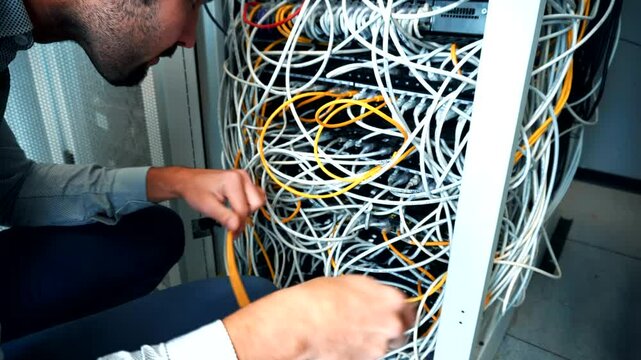 Specialist configuring server rack in server room	