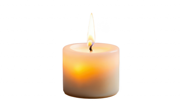 A close-up of a candle with a soft, glowing flame, surrounded by heart-shaped bokeh lights and gentle flickers of light, creating a romantic mood, on a white transparent background PNG