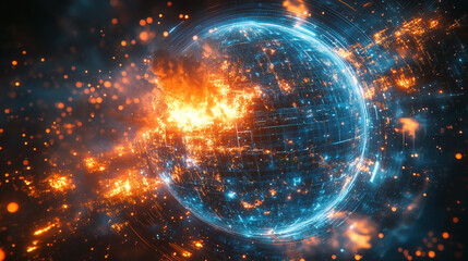 Obraz premium Digital globe engulfed in flames symbolizing global wildfires and climate change