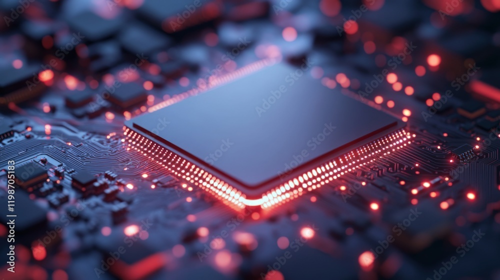 Wall mural close-up of a cpu chip on a circuit board with glowing red lights