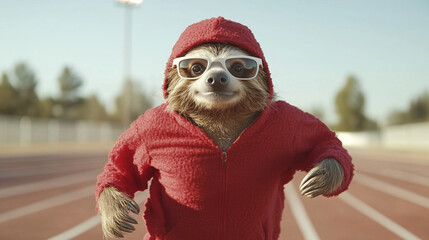 Ready to Run: A sloth in a red hoodie and sunglasses strides confidently down a running track, ready to take on the challenge. The image is playful and unexpected.