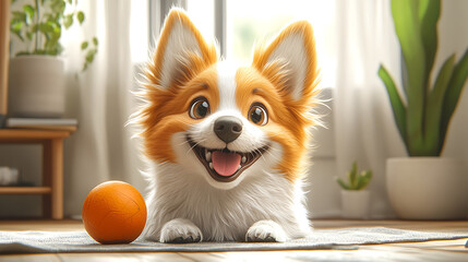 A cheerful cartoon dog playing with a ball on the house floor, cute and playful style, vibrant colors, joyful atmosphere, simple background, cartoon art style, wholesome scene