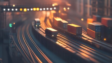 Cargo trains carrying containers on railway tracks at sunset