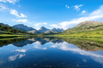 serene mountain lake reflecting the sky and peaks on a sunny day