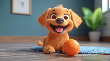 A cheerful cartoon dog playing with a ball on the house floor, cute and playful style, vibrant colors, joyful atmosphere, simple background, cartoon art style, wholesome scene