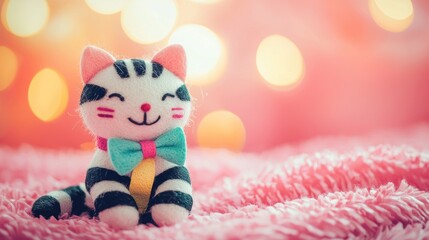 Fototapeta premium Adorable handmade striped kitten toy on pink fluffy surface.