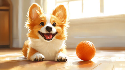 A cheerful cartoon dog playing with a ball on the house floor, cute and playful style, vibrant colors, joyful atmosphere, simple background, cartoon art style, wholesome scene