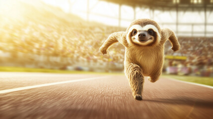 Sloth Sprints: A surprisingly speedy sloth races down a running track in a stadium, a humorous and unexpected image capturing the spirit of perseverance and the underdog story.