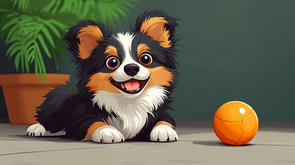 A cheerful cartoon dog playing with a ball on the house floor, cute and playful style, vibrant colors, joyful atmosphere, simple background, cartoon art style, wholesome scene