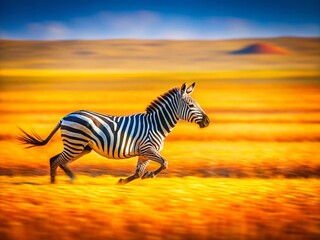 Running Zebra in Miniature Field - Tilt-Shift Photography