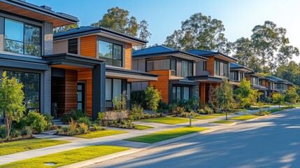 Fototapeta premium Modern suburban houses lined along a peaceful street with greenery and trees under clear blue sky
