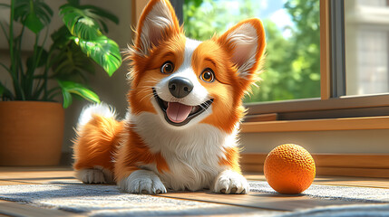A cheerful cartoon dog playing with a ball on the house floor, cute and playful style, vibrant colors, joyful atmosphere, simple background, cartoon art style, wholesome scene