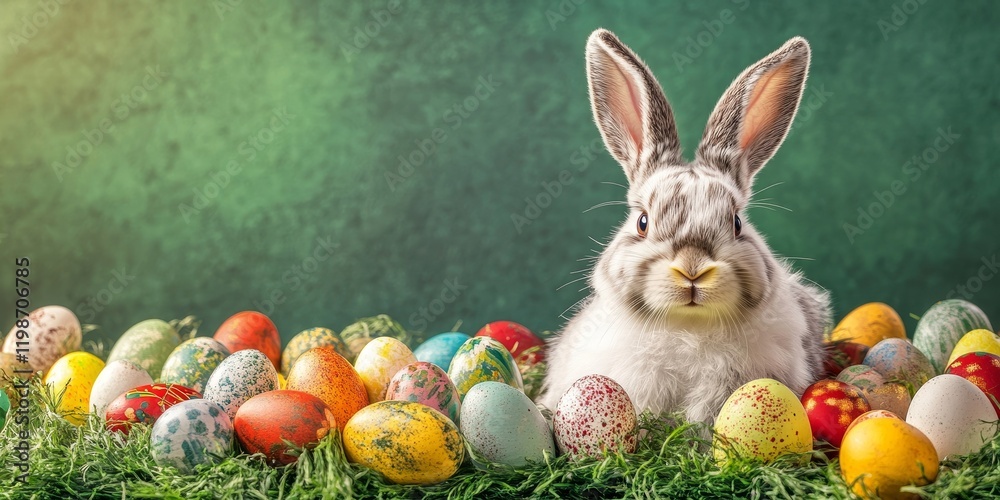 Poster easter bunny surrounded by colorful eggs set against a vibrant green background, creating a delightf
