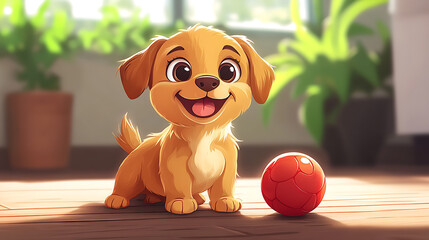 A cheerful cartoon dog playing with a ball on the house floor, cute and playful style, vibrant colors, joyful atmosphere, simple background, cartoon art style, wholesome scene