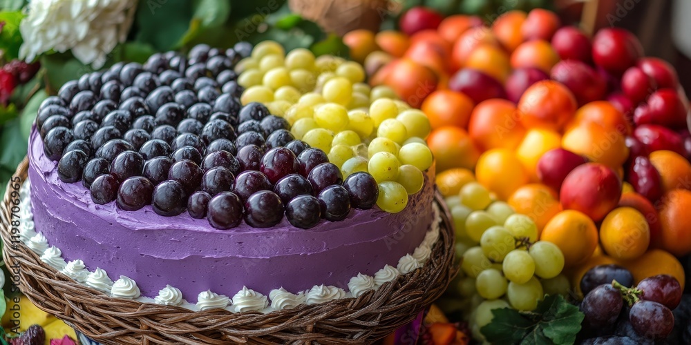 Poster grape cake displayed alongside a colorful fruit basket, showcasing the delightful combination of a g