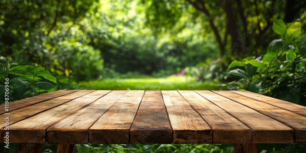 Aufkleber wood table showcasing free space against a vibrant green nature background, perfect for emphasizing 
