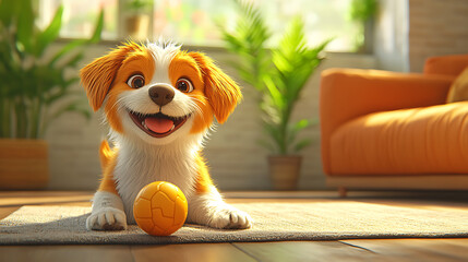 A cheerful cartoon dog playing with a ball on the house floor, cute and playful style, vibrant colors, joyful atmosphere, simple background, cartoon art style, wholesome scene