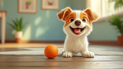 A cheerful cartoon dog playing with a ball on the house floor, cute and playful style, vibrant colors, joyful atmosphere, simple background, cartoon art style, wholesome scene