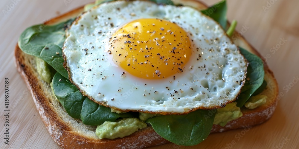 Poster avocado toast topped with spinach and a fried egg, viewed from above, showcases a delicious and nutr