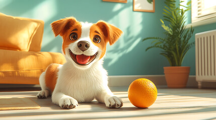 A cheerful cartoon dog playing with a ball on the house floor, cute and playful style, vibrant colors, joyful atmosphere, simple background, cartoon art style, wholesome scene