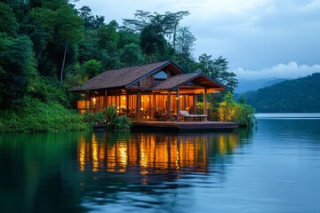 Fototapeta premium Luxurious Lake House at Dusk, Tranquil Getaway