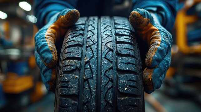 Close-up of a mechanic inspecting a tire in a workshop, showcasing detailed tread patterns and tools