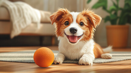 A cheerful cartoon dog playing with a ball on the house floor, cute and playful style, vibrant colors, joyful atmosphere, simple background, cartoon art style, wholesome scene