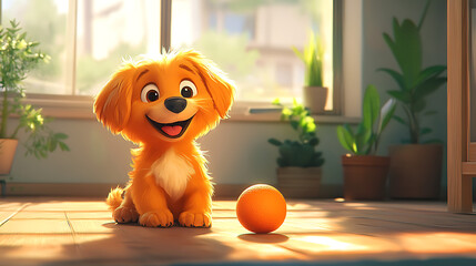 A cheerful cartoon dog playing with a ball on the house floor, cute and playful style, vibrant colors, joyful atmosphere, simple background, cartoon art style, wholesome scene