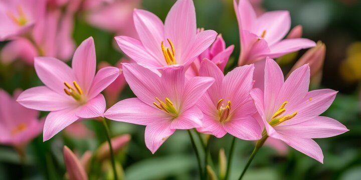 Delicate pink zephyranthes lily flowers bloom beautifully, showcasing their stunning petals. The vibrant pink zephyranthes lily flower adds elegance and charm to any garden or floral arrangement.