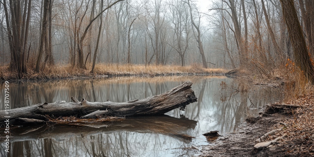 Aufkleber dead tree trunks line the shoreline of a serene pond within a forest park, creating a striking visua