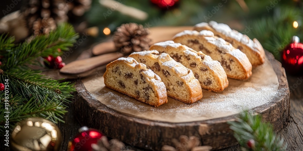Poster christmas stollen cookies arranged on a rustic festive backdrop, showcasing the delightful textures 