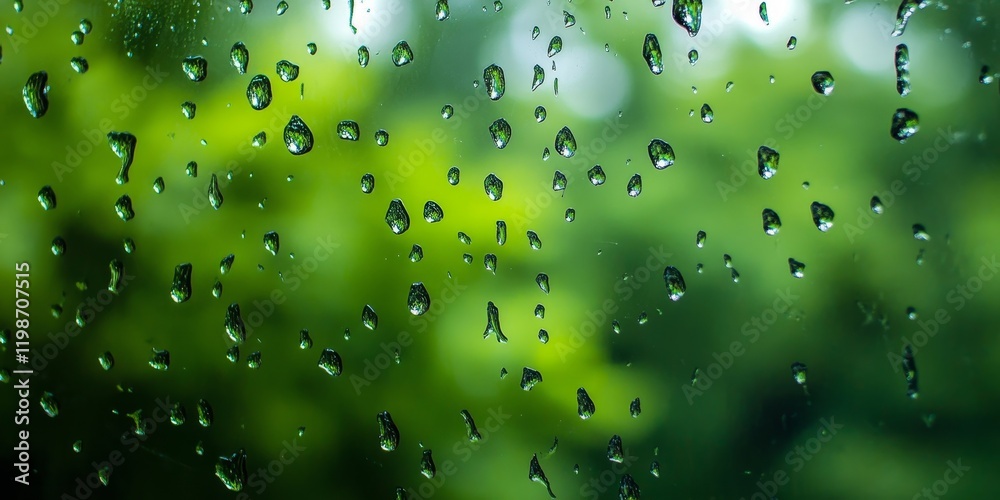 Poster raindrops on the window pane create a serene atmosphere. the silhouettes of blurred green trees are 