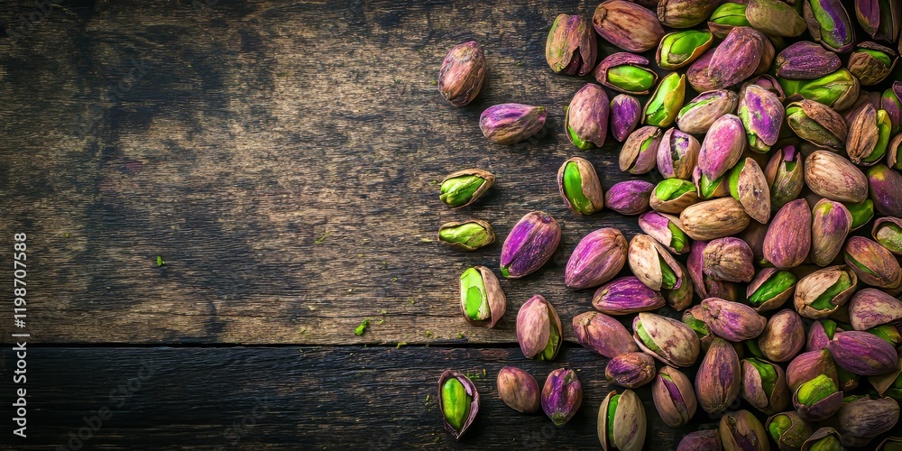 Poster top view of pistachio nuts scattered on an aged wooden surface, showcasing the unique texture and co