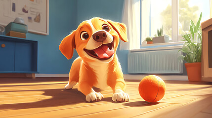 A cheerful cartoon dog playing with a ball on the house floor, cute and playful style, vibrant colors, joyful atmosphere, simple background, cartoon art style, wholesome scene